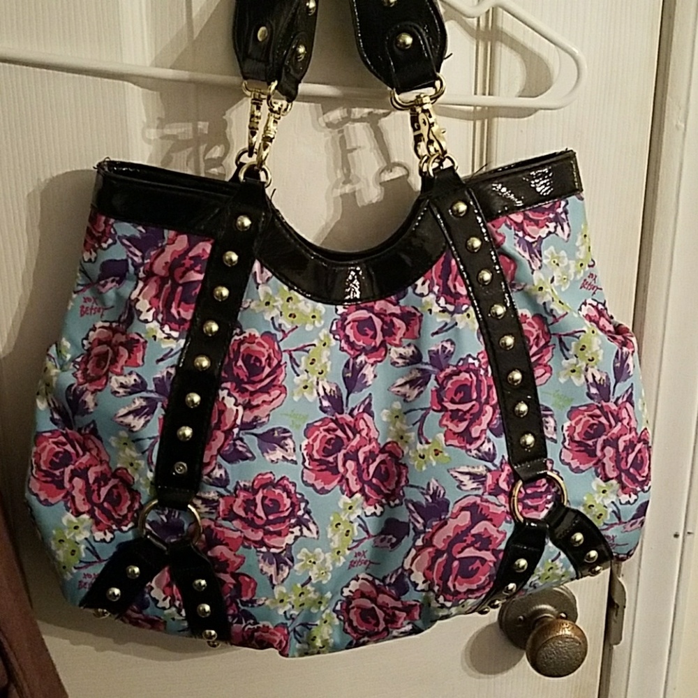 Betsey Johnson Floral Tote Bag in Light Blue with Pink Roses and Black Trim